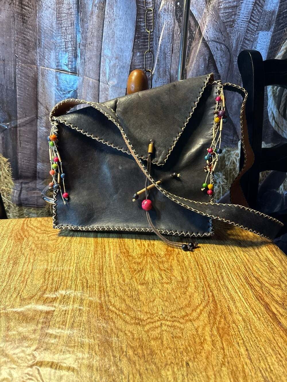 Handmade Boho Whipstitch Leather Crossbody Bag with Multi-Color Wooden Beads